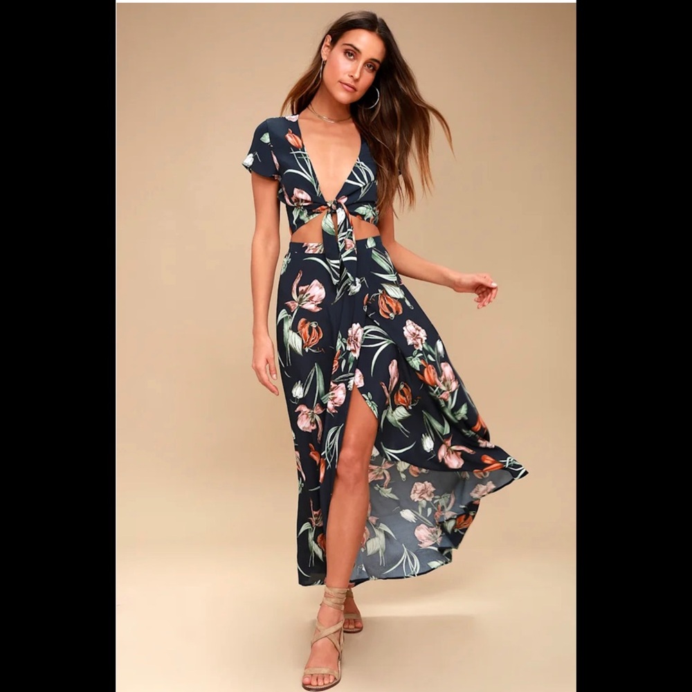 Lulu's Navy Floral High-Low Skirt Dress